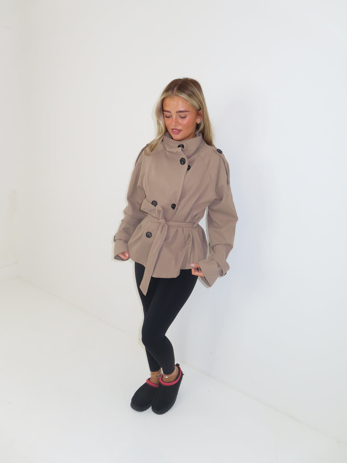 Jessica buttoned belted long sleeved womens jacket