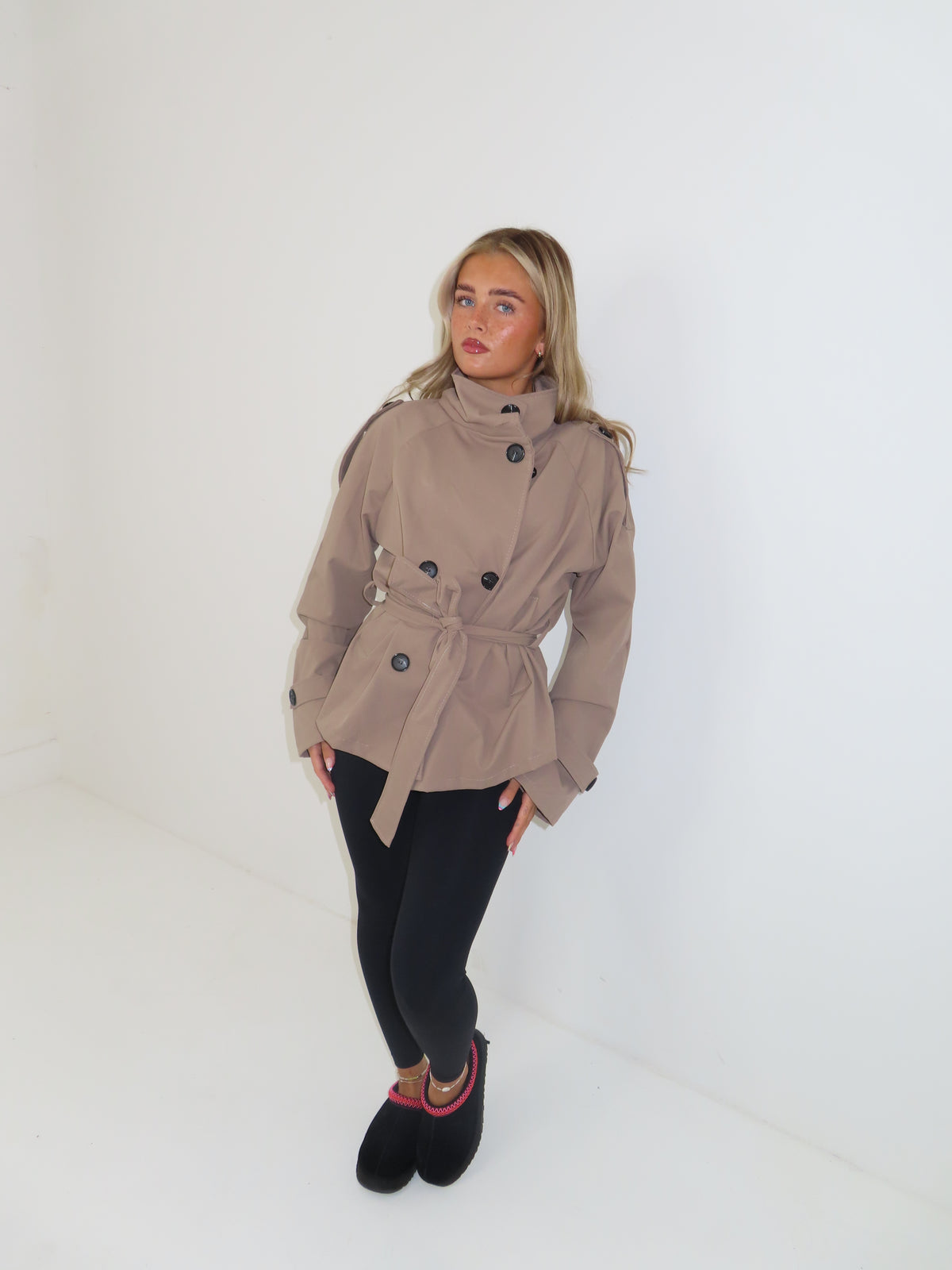 Jessica buttoned belted long sleeved womens jacket
