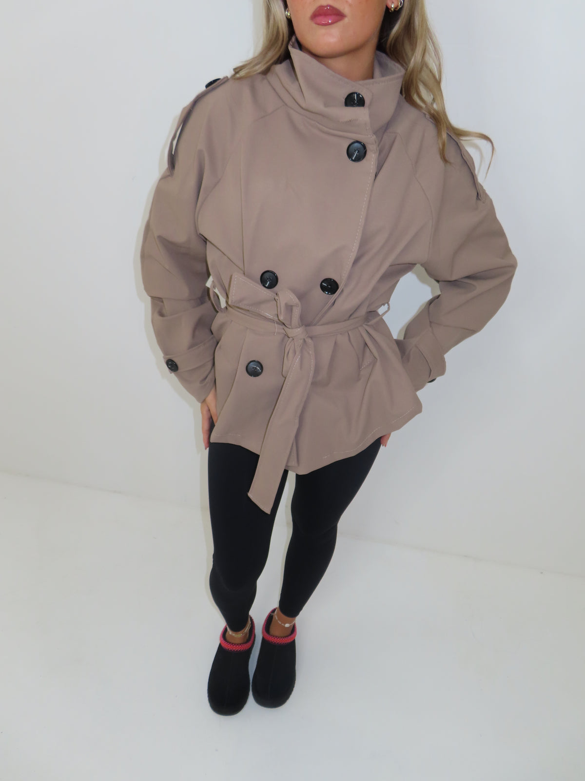 Jessica buttoned belted long sleeved womens jacket