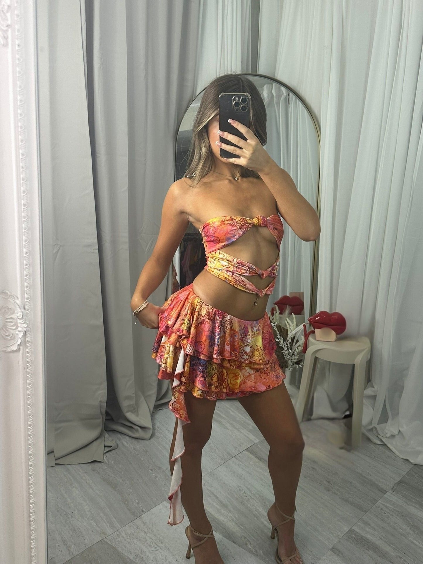 Paisley Print Ruffle Skirt & Cut Out Knot Front Bandeau Top Co-ord