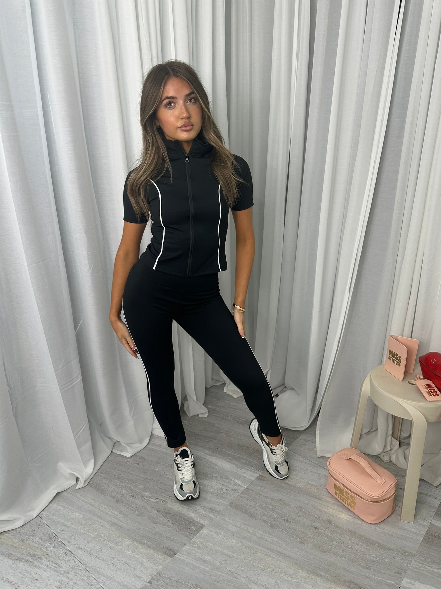 Pin stripe piping active wear top and bottoms set