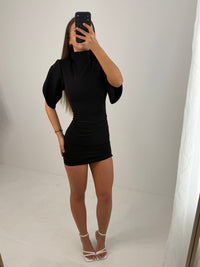 Ruched back high neck open short sleeved mini dress outfit