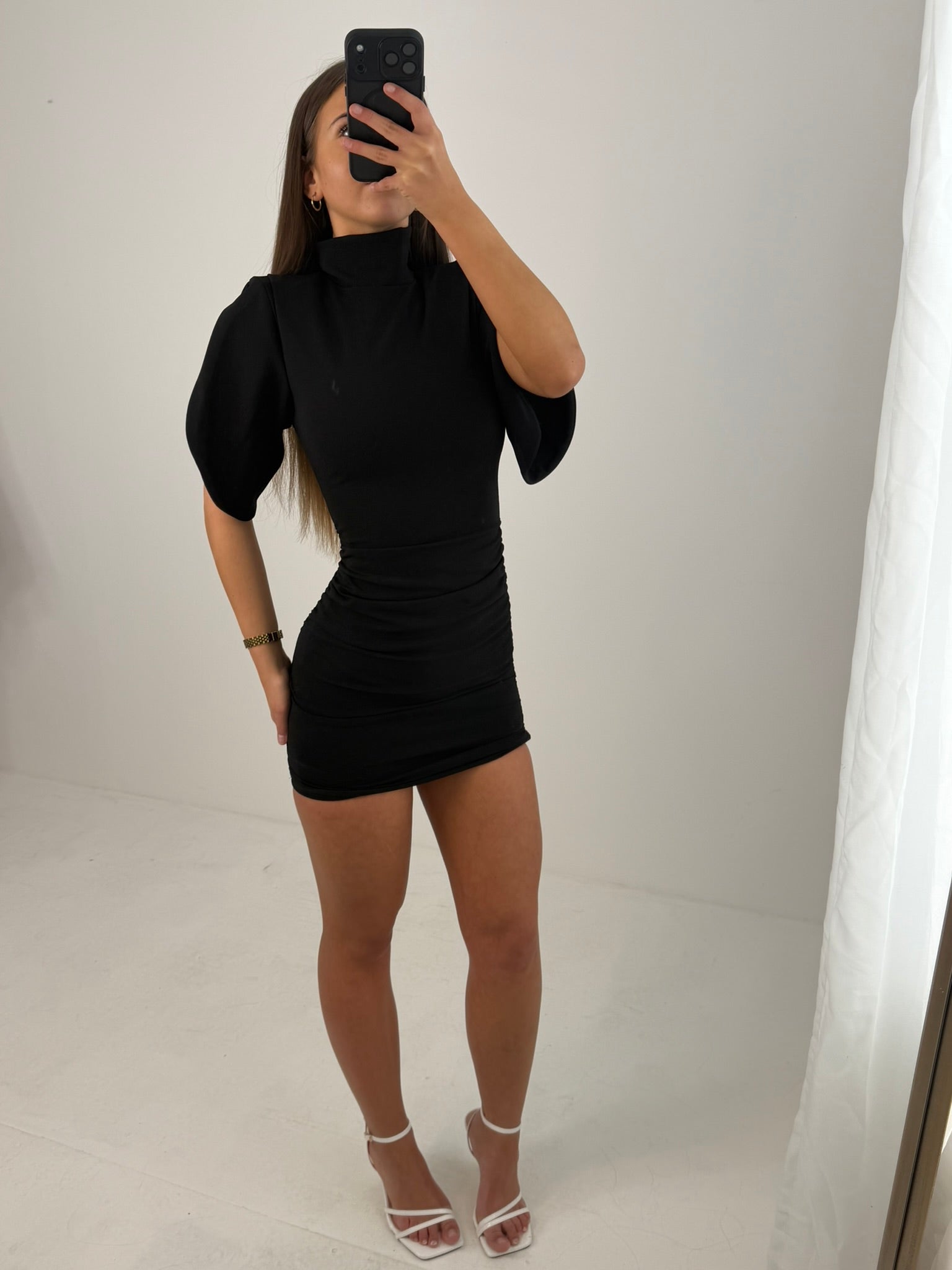 Ruched back high neck open short sleeved mini dress outfit