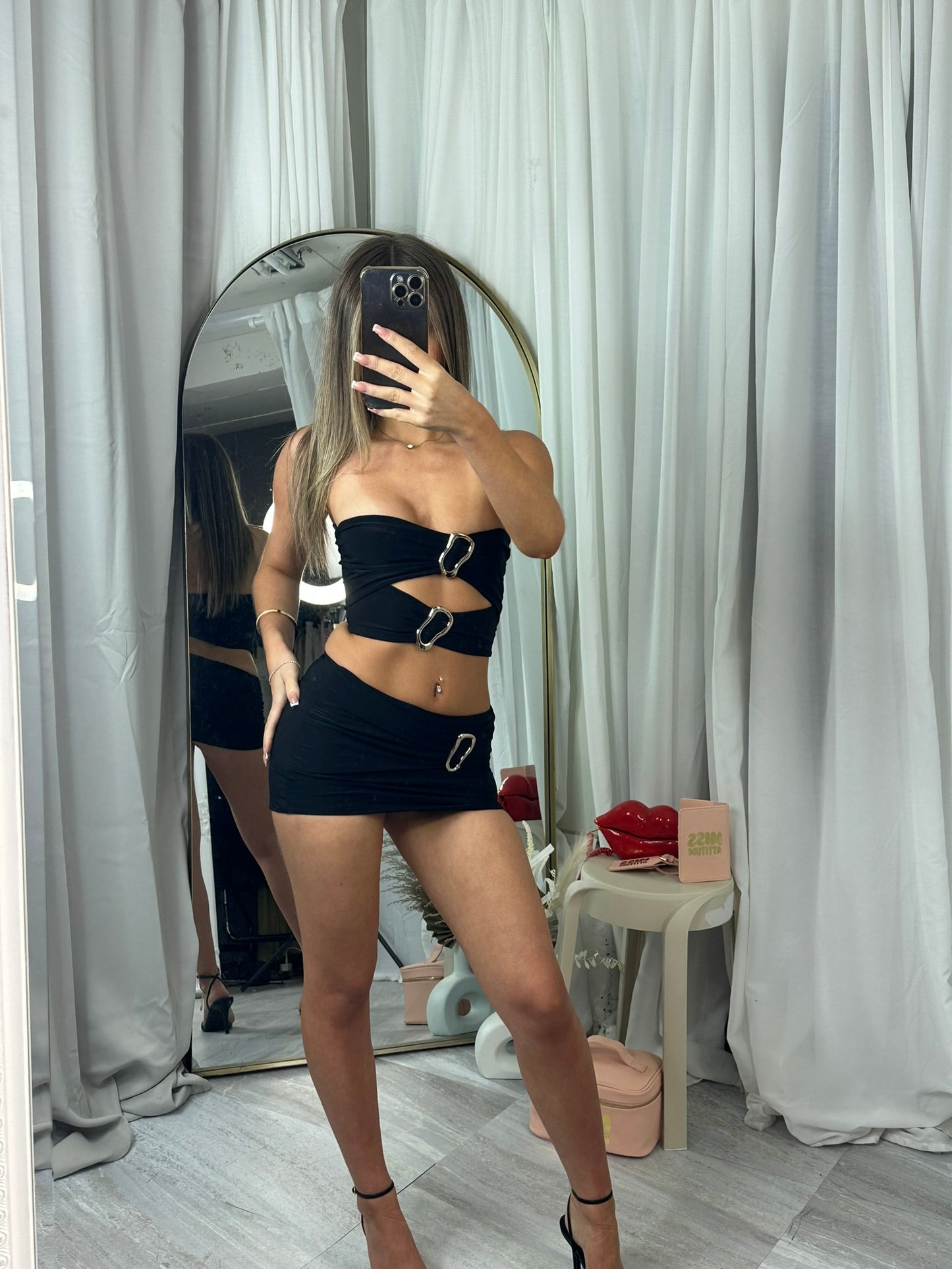 Slinky Buckle Detail Bralet Top and Skirt Co-ord