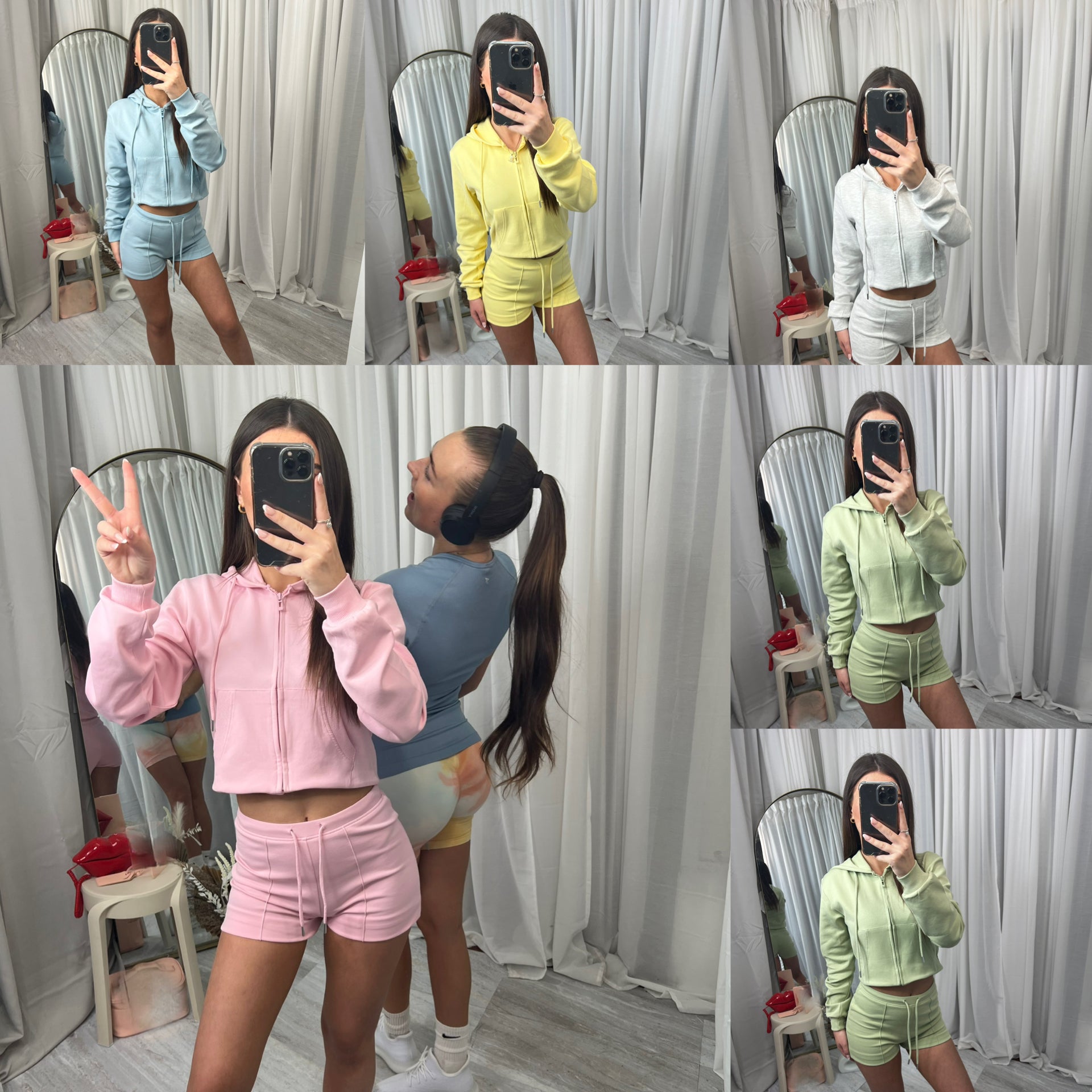 Hooded top with zip front long sleeved with drawstring shorts and elasticated waist