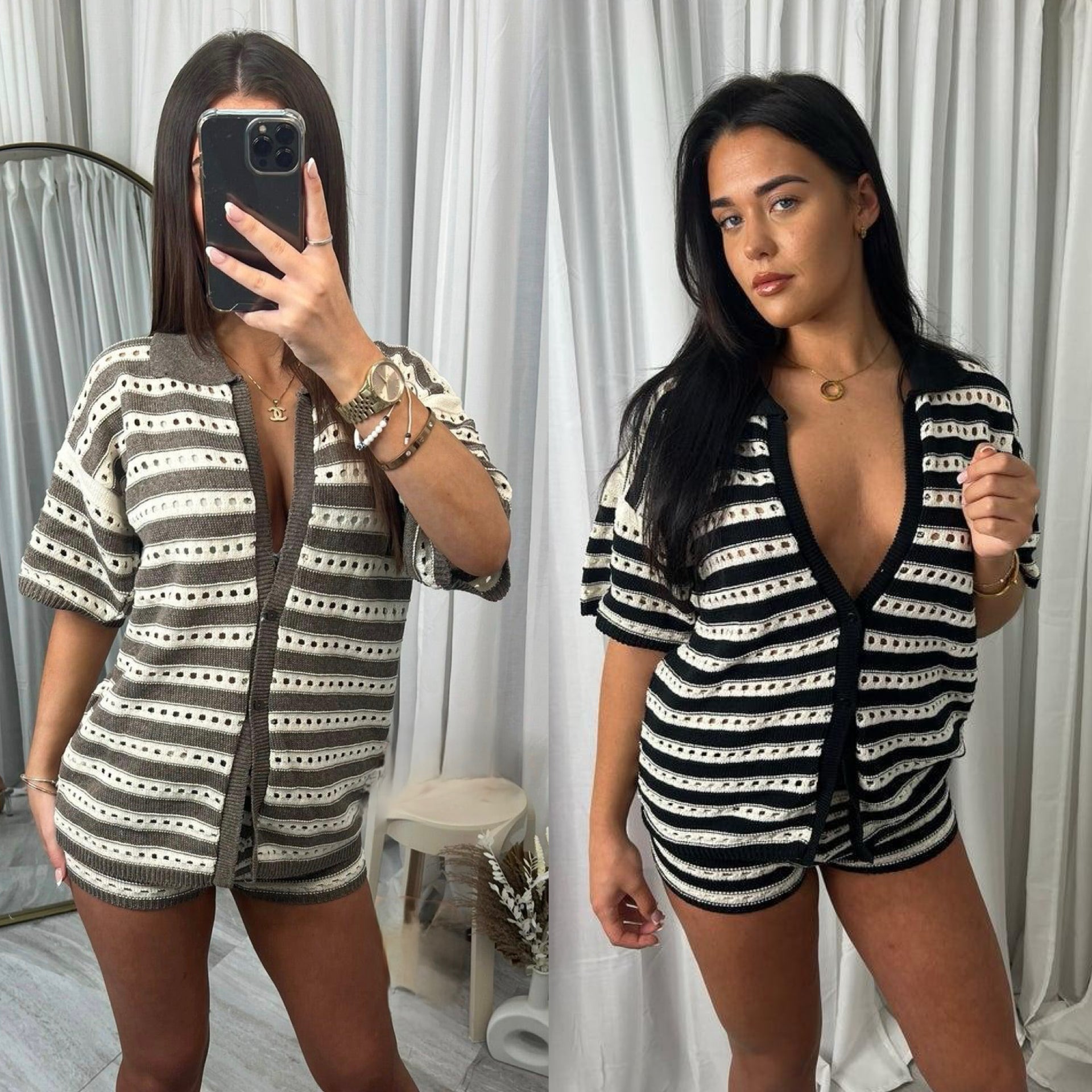 Stripe Crochet Knitted Top and Mirco Shorts