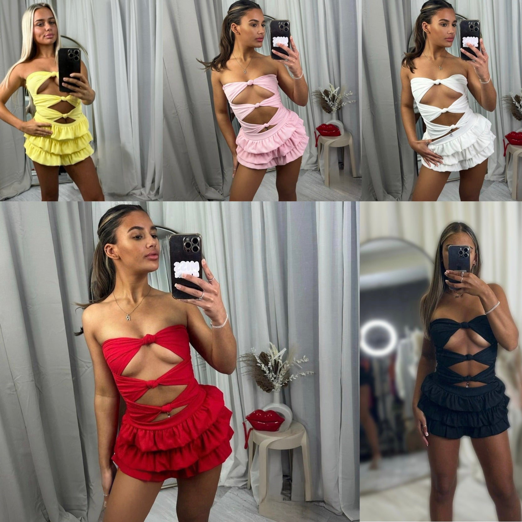Ruffle skirt skort and knot tie cut out bodysuit