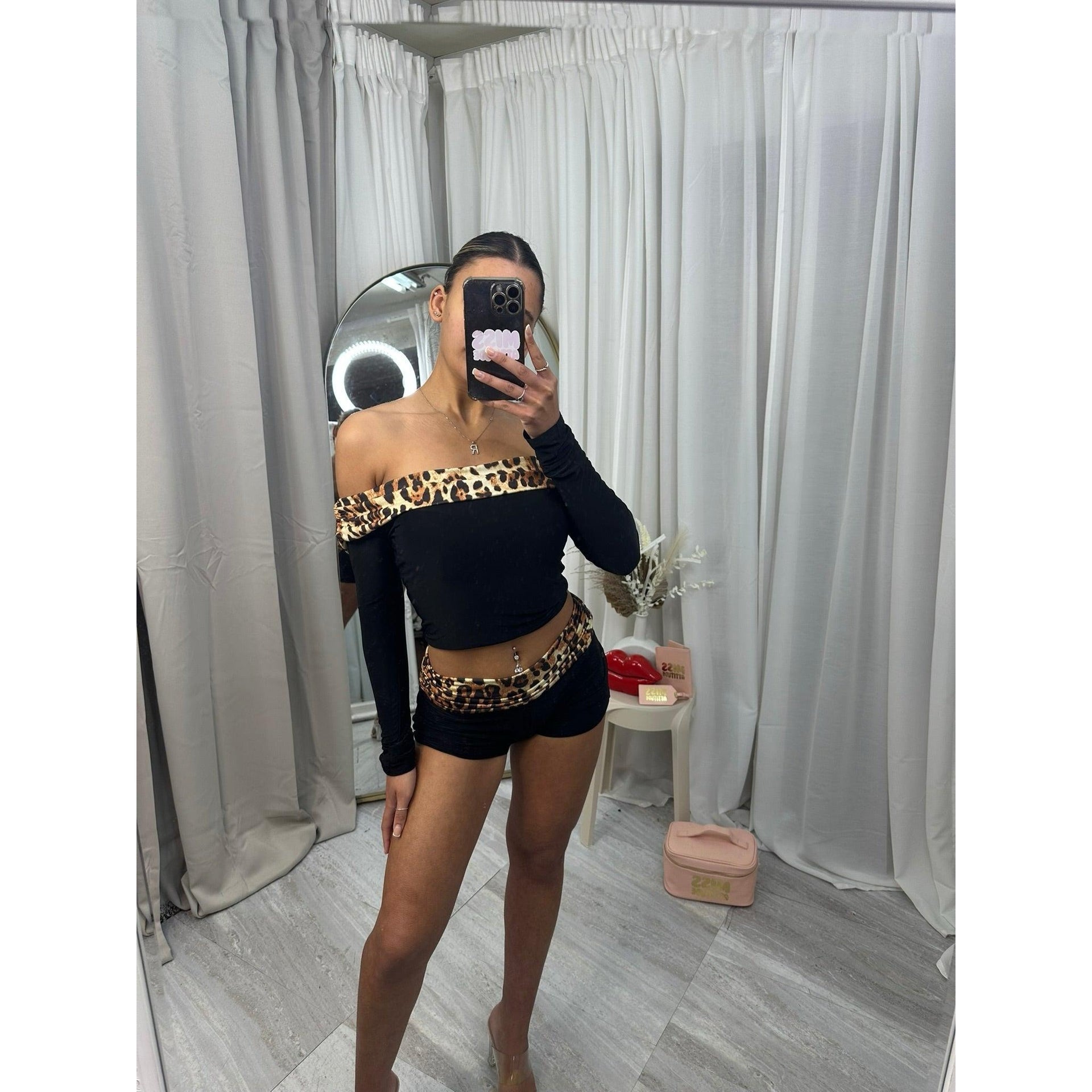 Off the shoulder leopard print shorts set