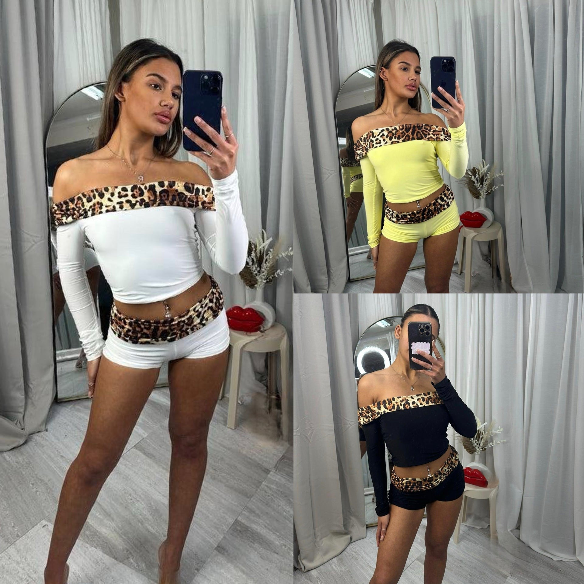 Off the shoulder leopard print shorts set