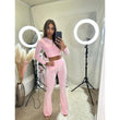 Long sleeved crop top and ruched waist flared bottoms lounge wear set 3035