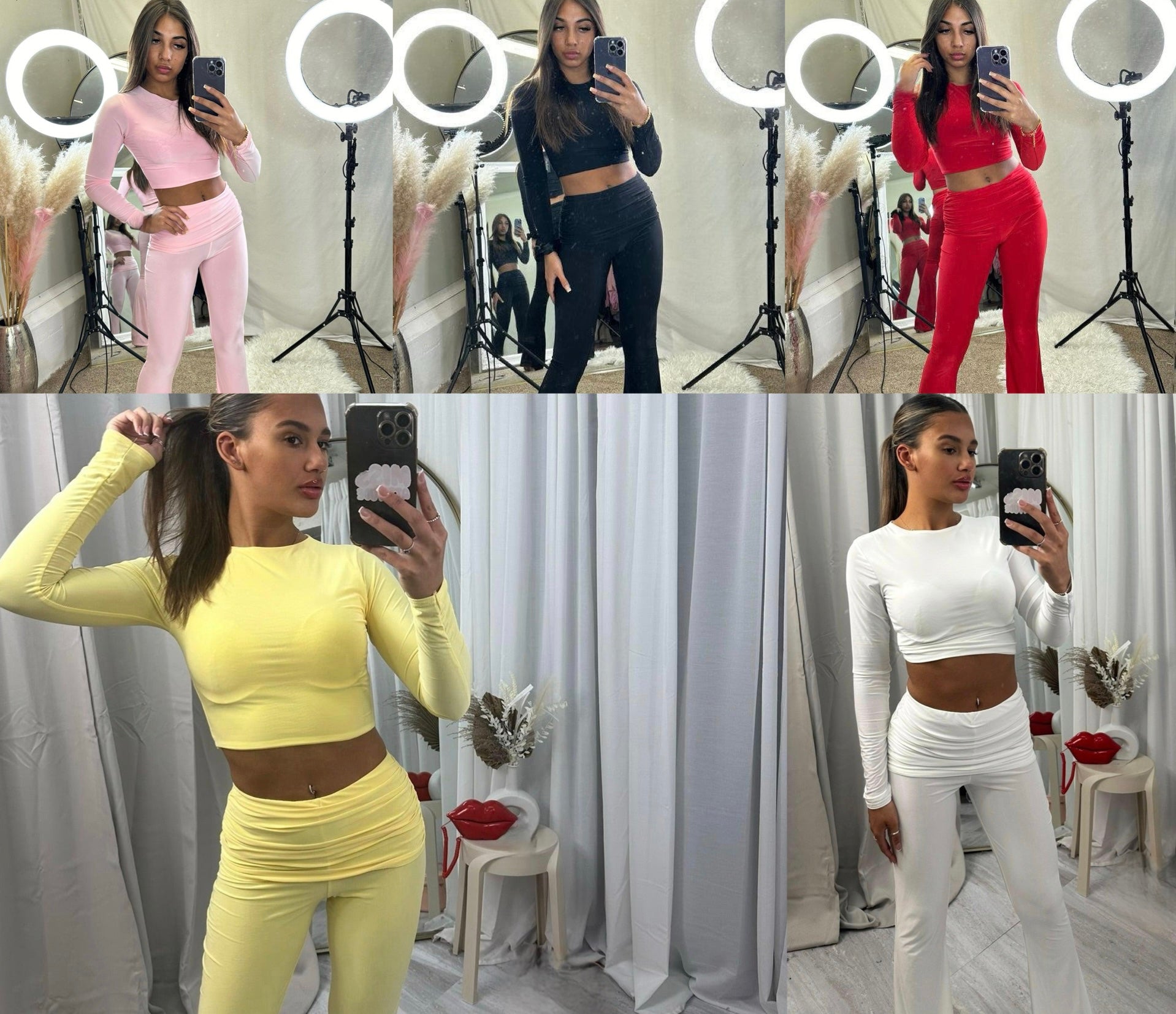Long sleeved crop top and ruched waist flared bottoms lounge wear set 3035