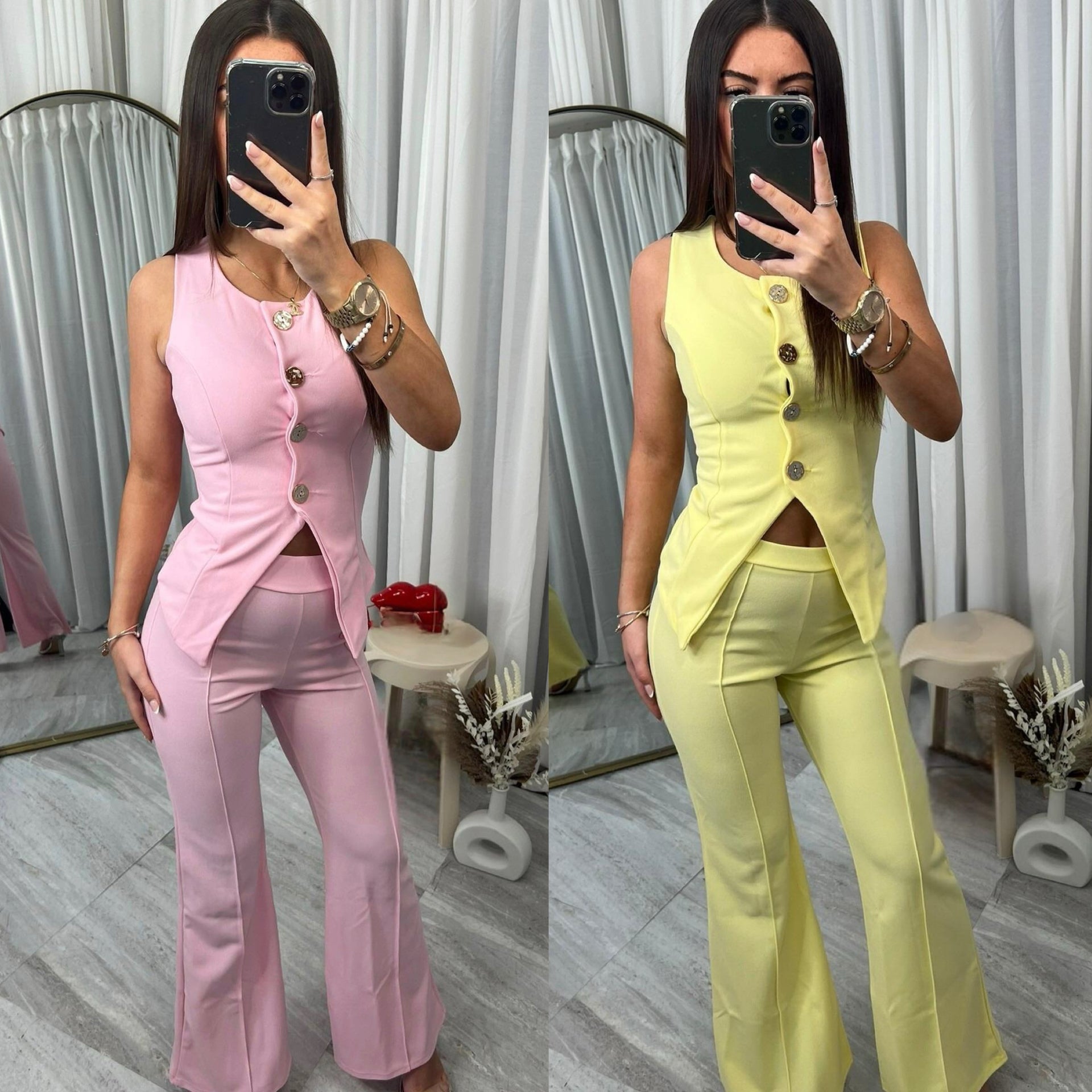 Buttoned waistcoat top and flared bottoms set