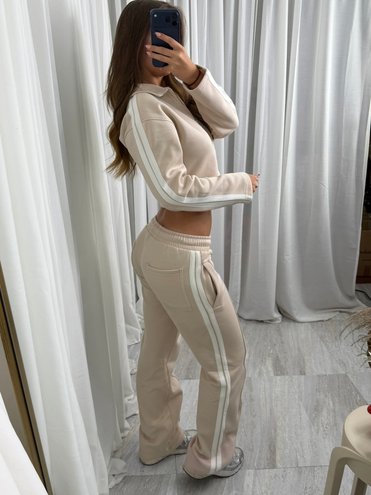 Oatmeal Mia Wide Leg Tracksuit with Side Stripe and Crop Top with Zipped Front Lounge Wear 2 Piece Set