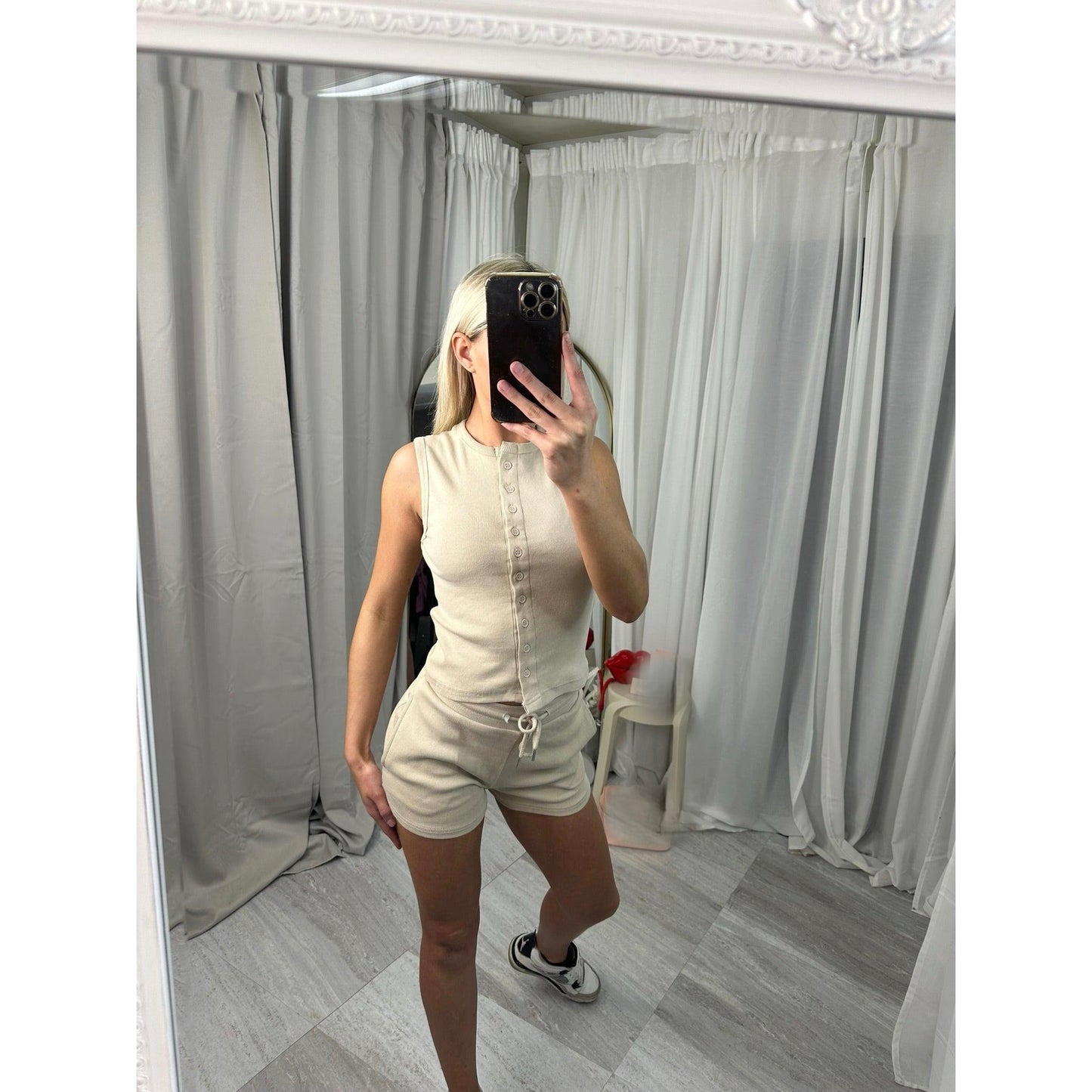 Ribbed Button Through Sleeveless Top and Shorts Co-ord