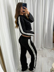 Mia wide leg tracksuit with side stripe and crop top with zipped front lounge wear 2 piece set