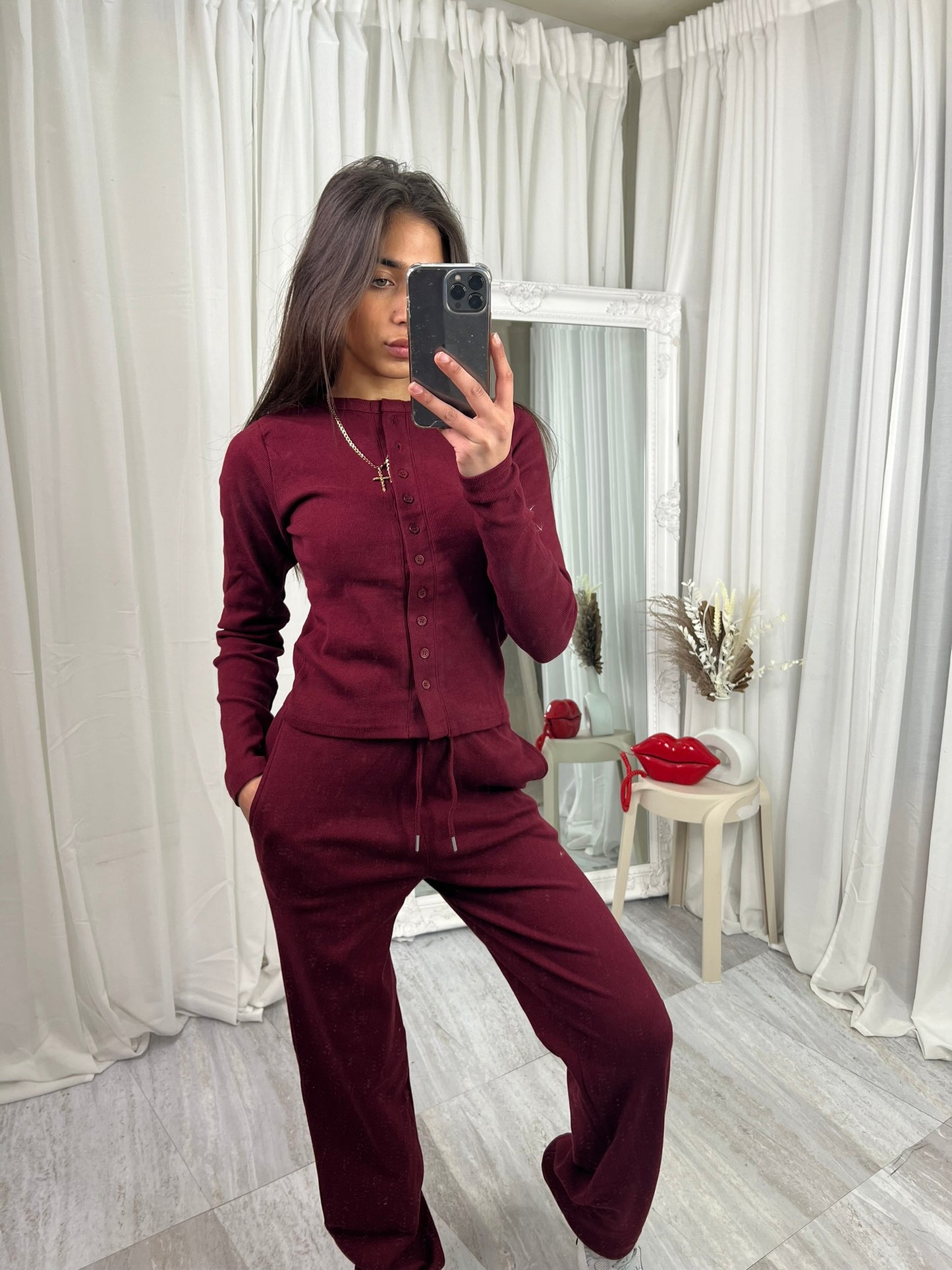 Buttoned long sleeved wide leg lounge wear