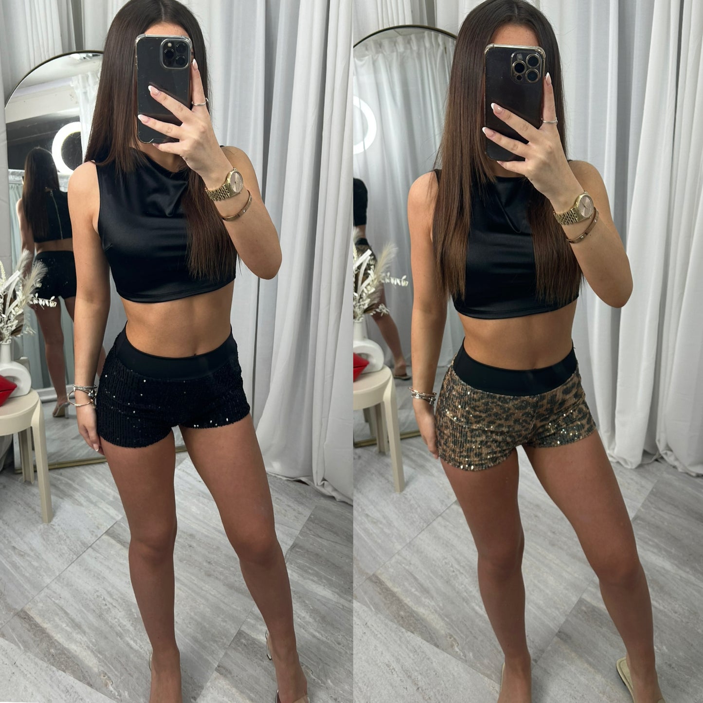 Leopard Sequin Band Detail Hot Pants Shorts
