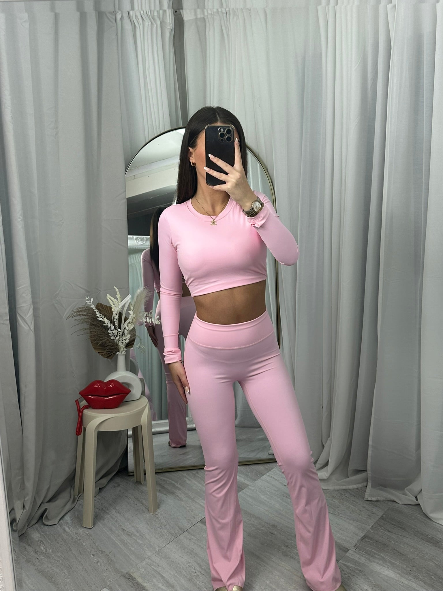 Stretchy padded lace up back gym set with flares