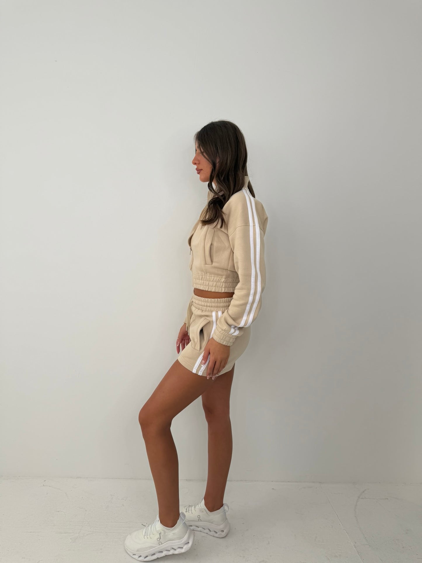Lottie Side stripe long sleeved top and shorts summer airport outfit