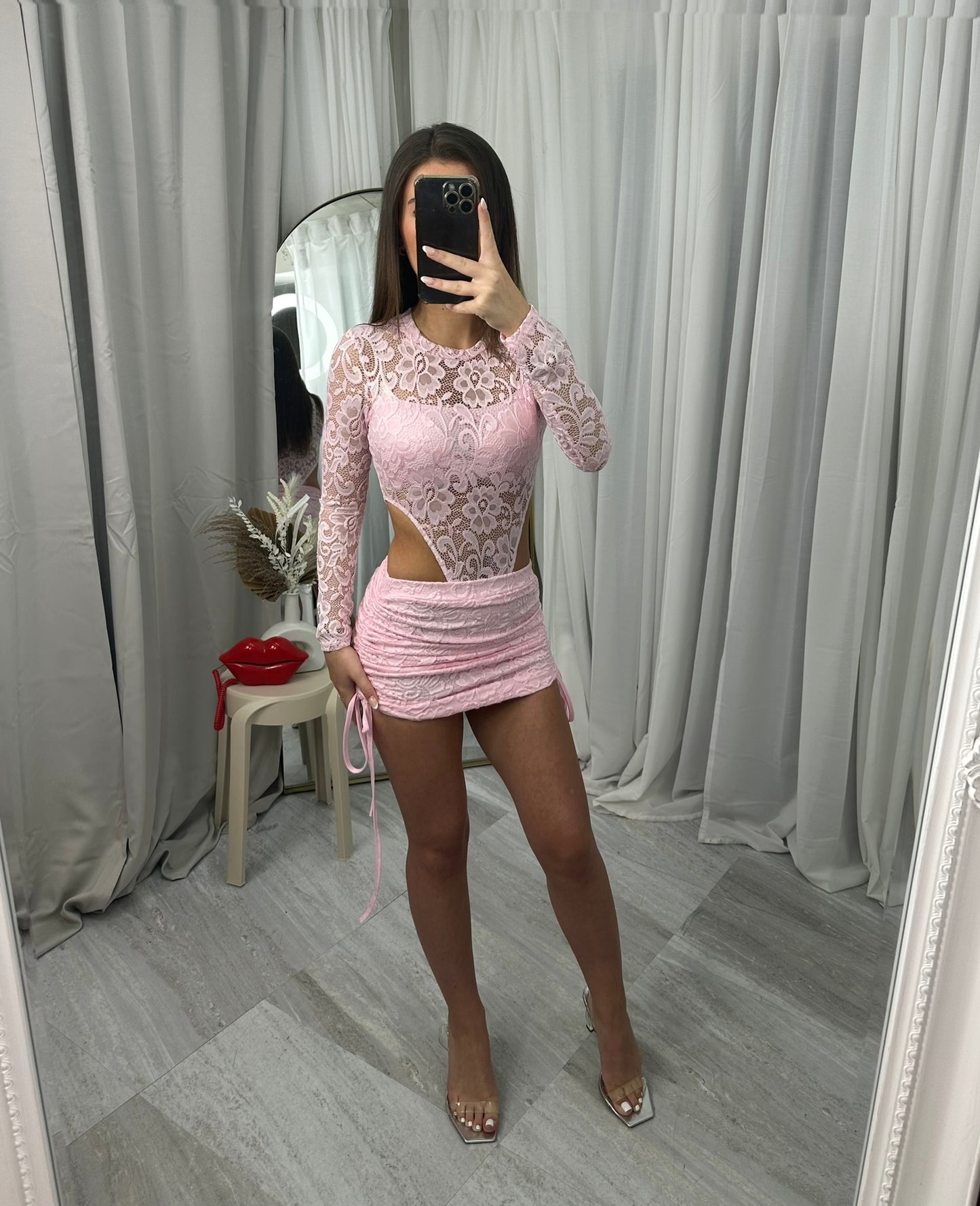 Lace cut out bodysuit and ruched mini skirt 5113