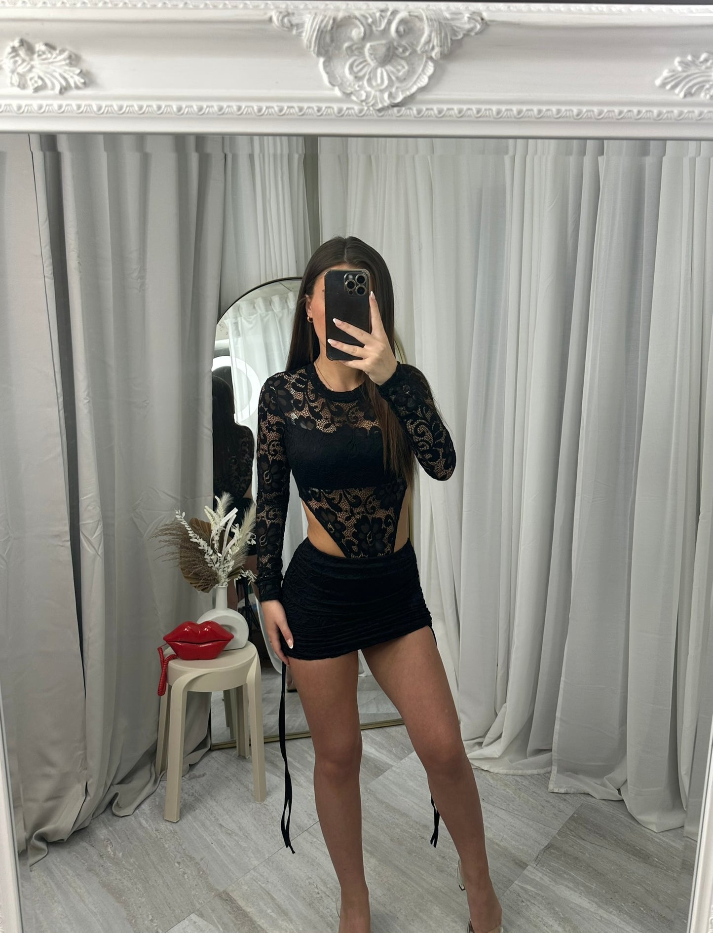 Lace cut out bodysuit and ruched mini skirt 5113