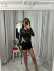Lace cut out bodysuit and ruched mini skirt 5113
