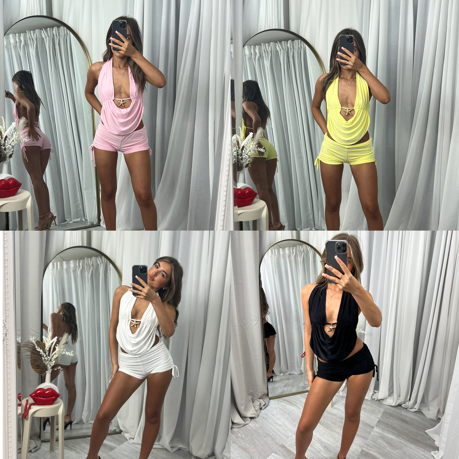 Halter neck  shorts set with ruched side and star fish broach