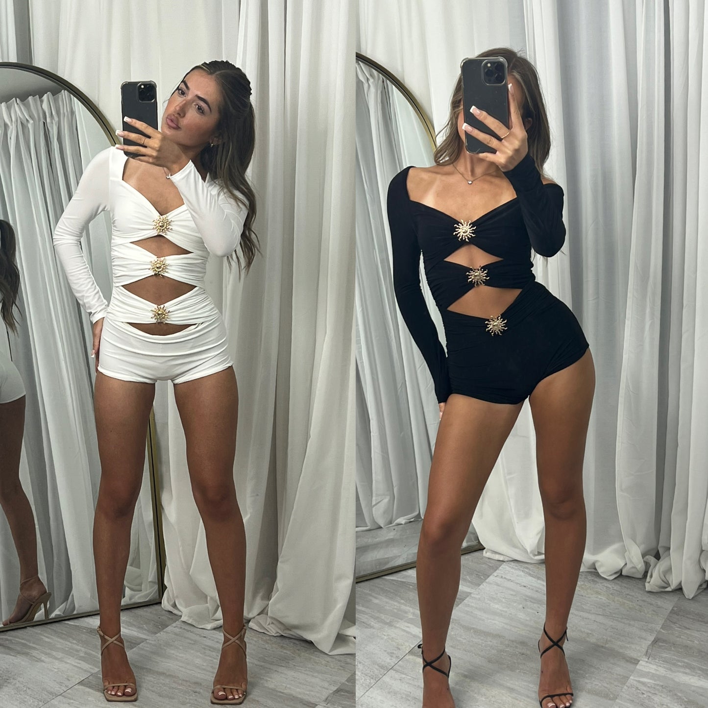 Long sleeved play suit with fron slits detail and star buckle