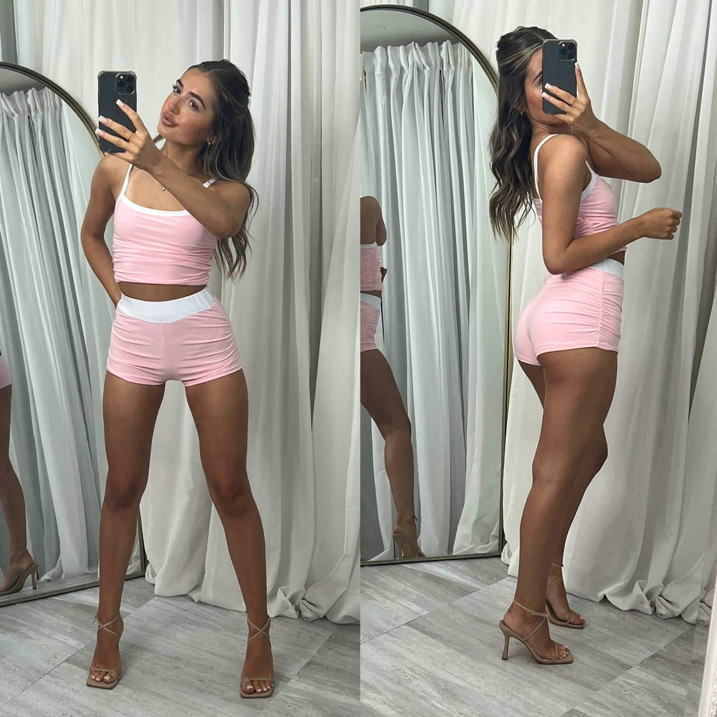 Ruched waist hot pants shorts with strapped crop top outfit set
