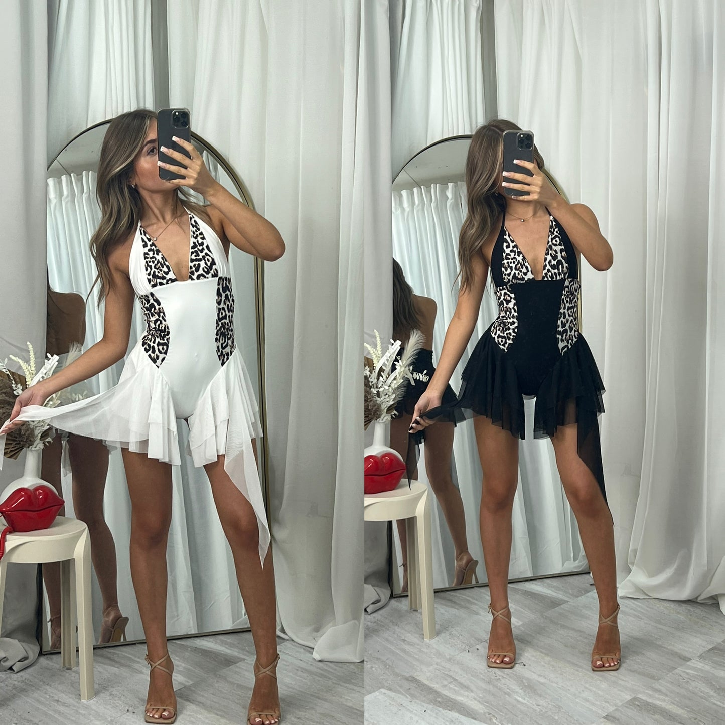 Leopard print body suit with sheer drape detail