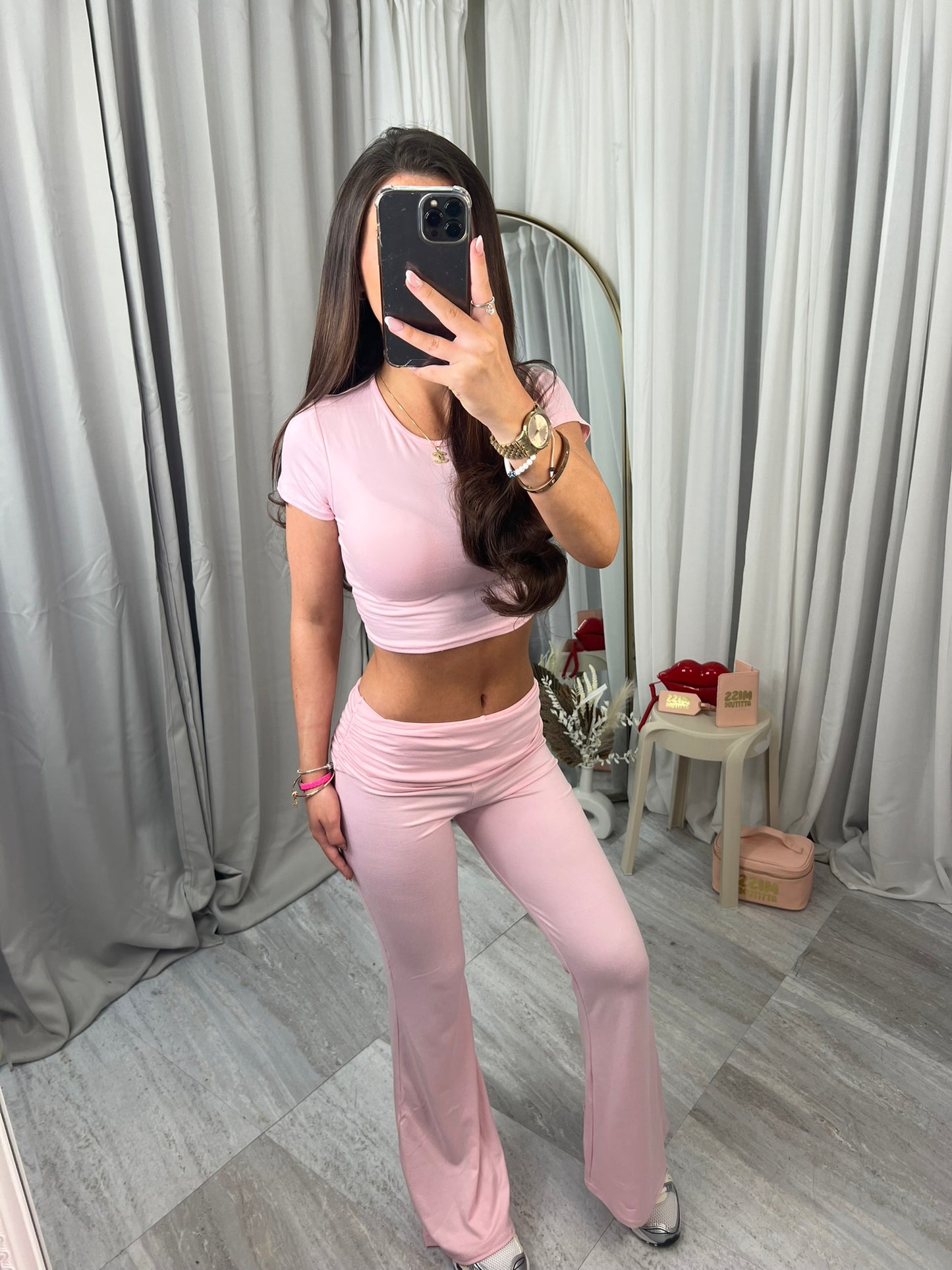 Ruched waist with short sleeve crop top and  flared bottoms loungewear