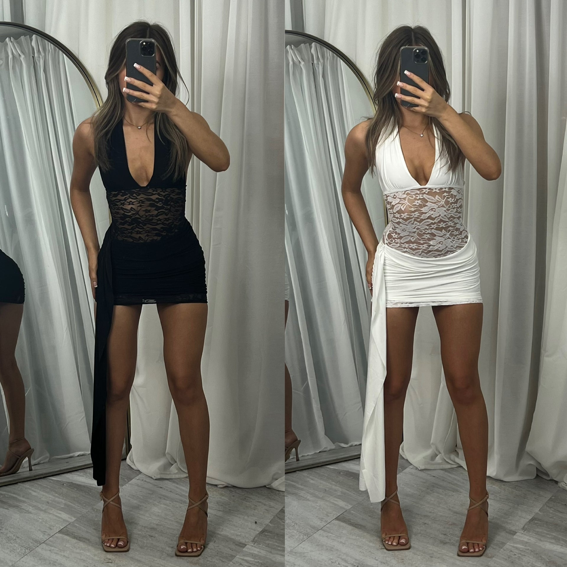 Draped detail lace mini dress