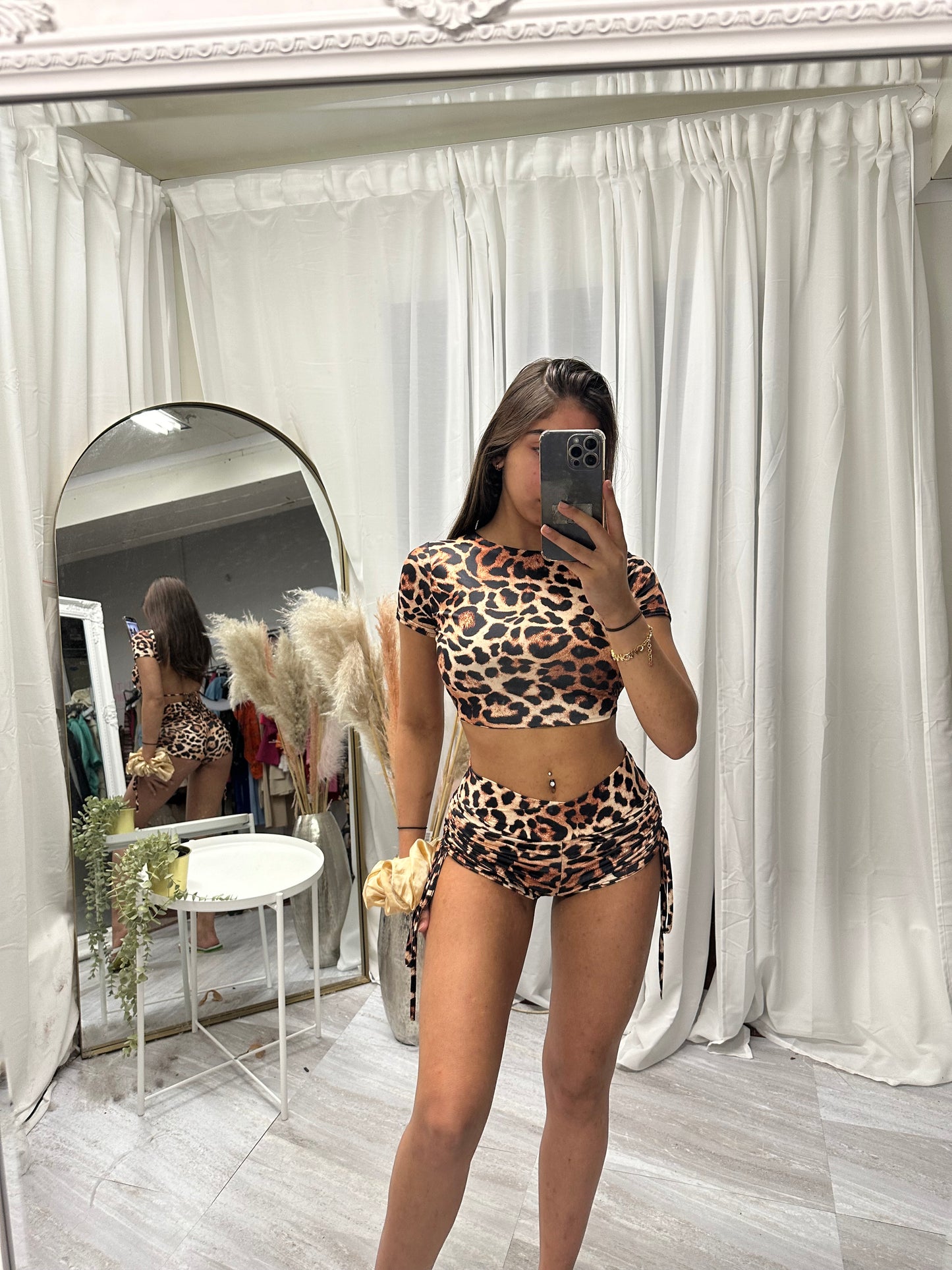 Leopard print backless tie top and ruched shorts 3063