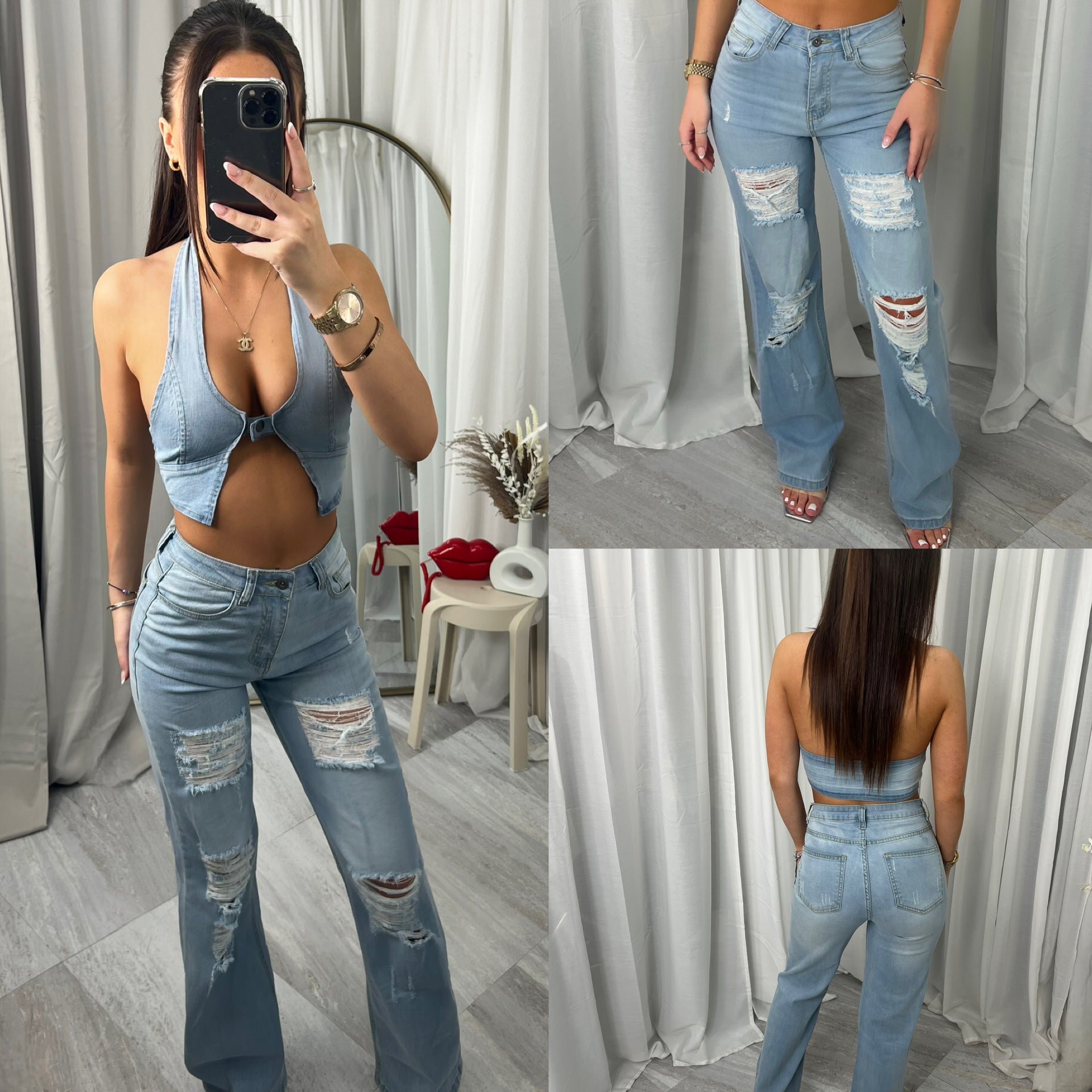 Wide leg high waist distressed stretchy denim jeans