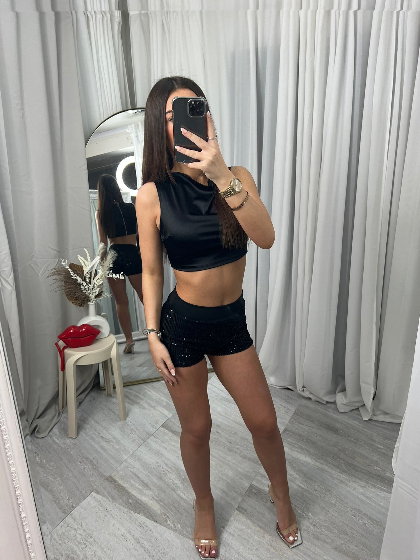 Leopard Sequin Band Detail Hot Pants Shorts