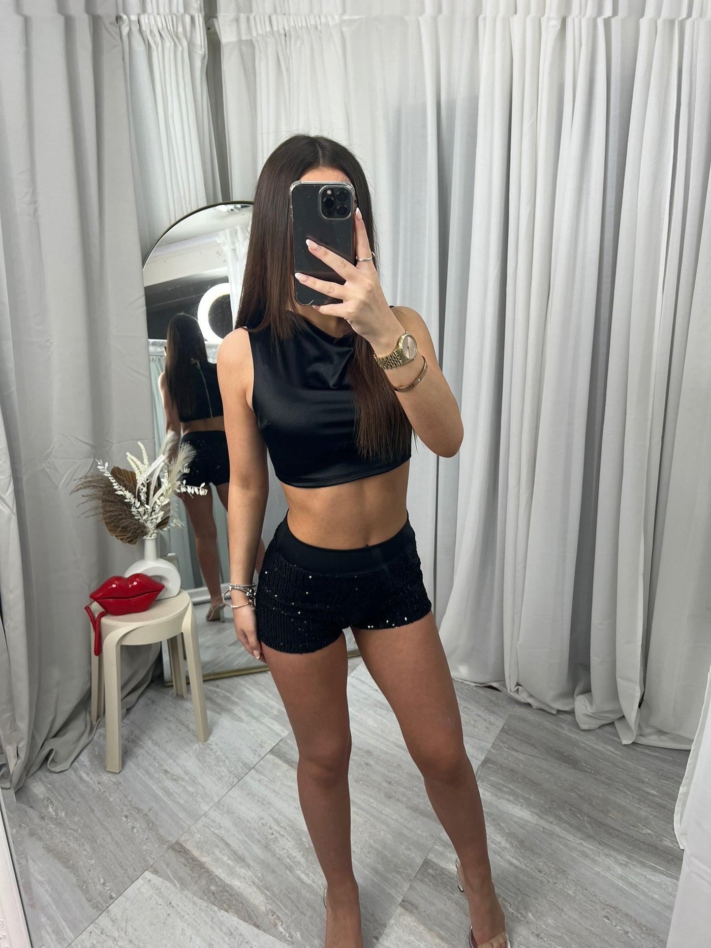 Leopard Sequin Band Detail Hot Pants Shorts