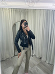 Padded faux leather beltedbiker jacket