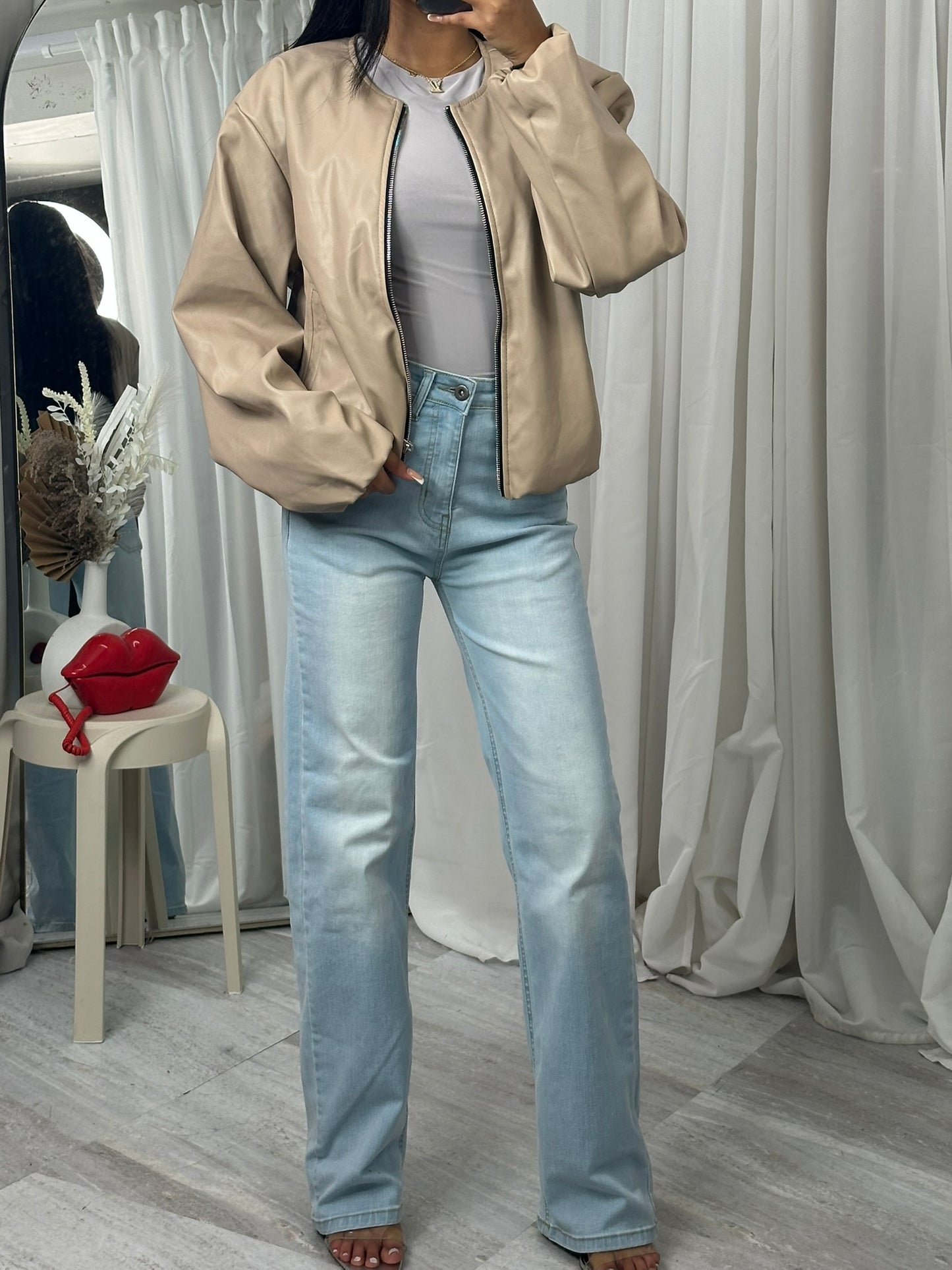 Waterproof beige long sleeve bomber jacket