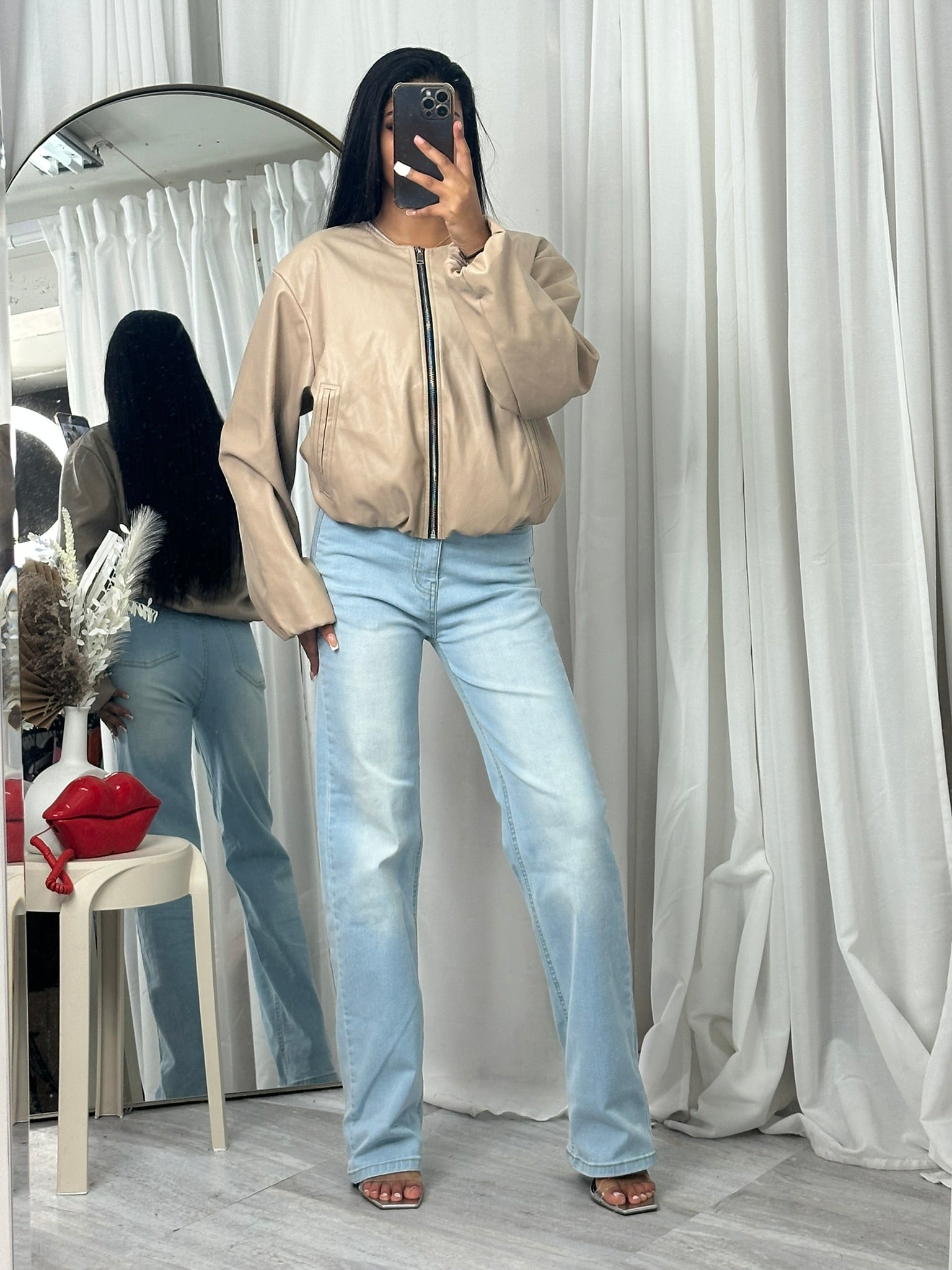 Waterproof beige long sleeve bomber jacket