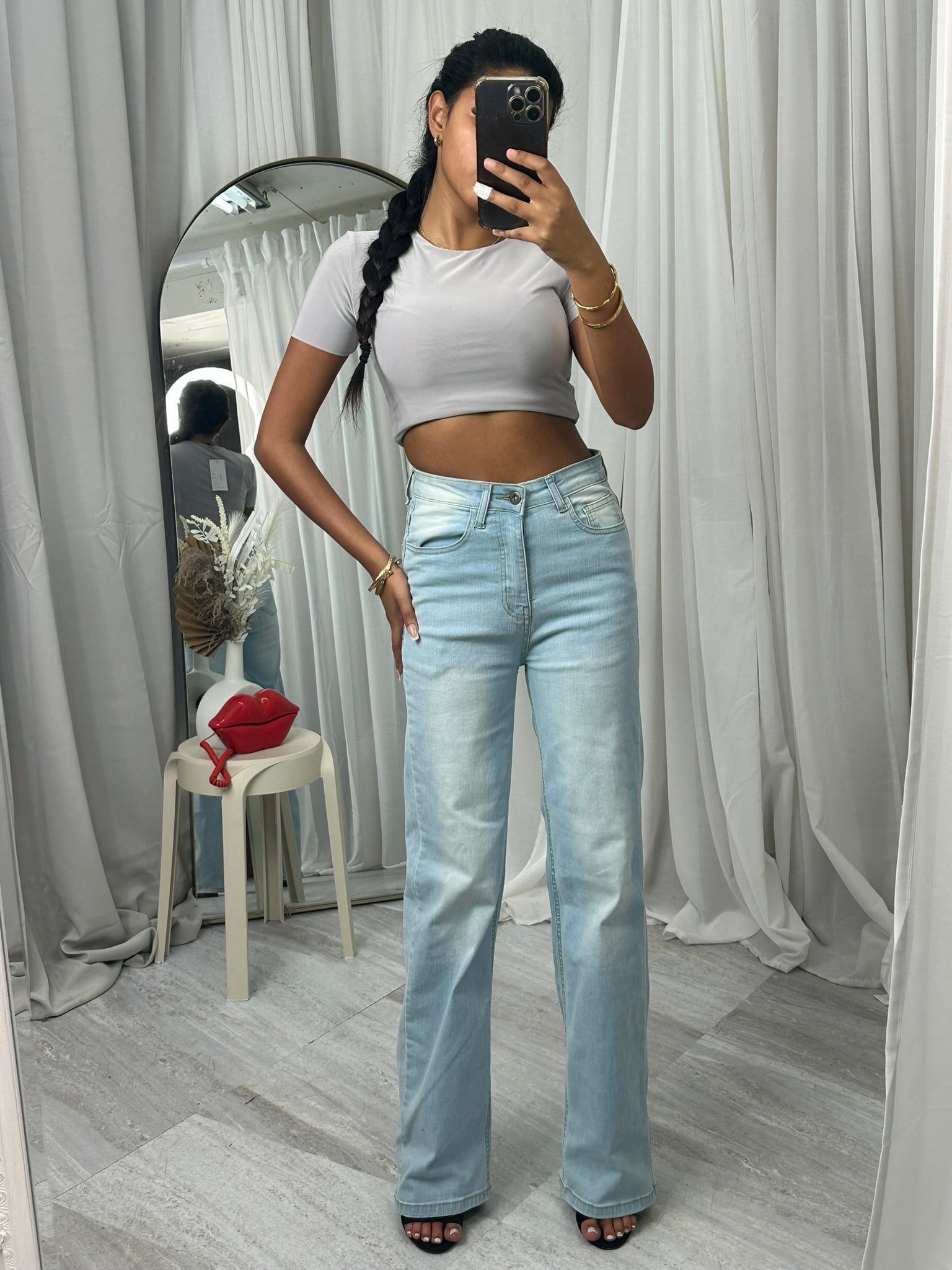 Mid waist light blue strechy denim wide leg jeans