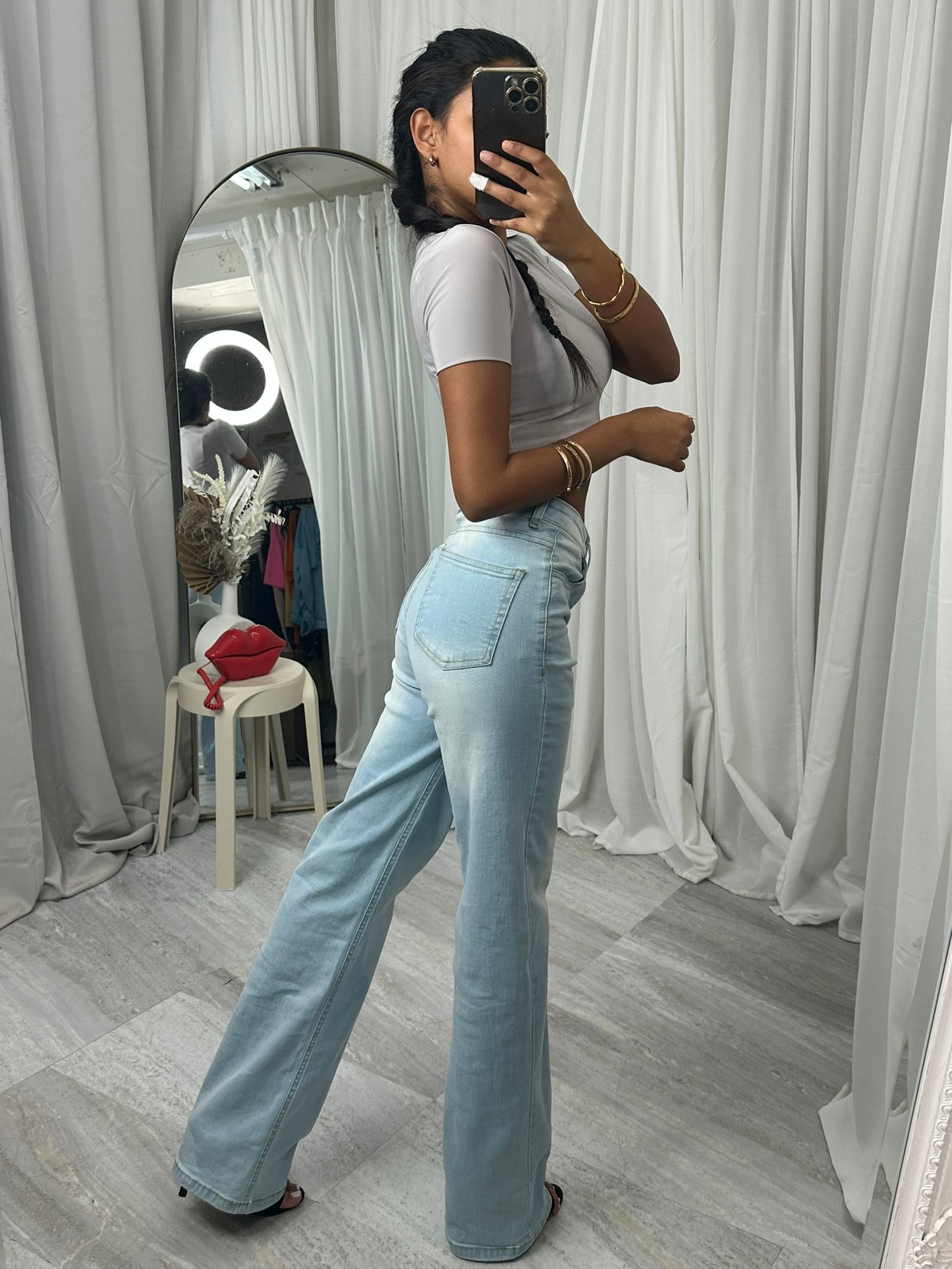 Mid waist light blue strechy denim wide leg jeans