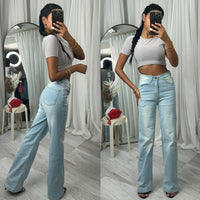 Mid waist light blue strechy denim wide leg jeans