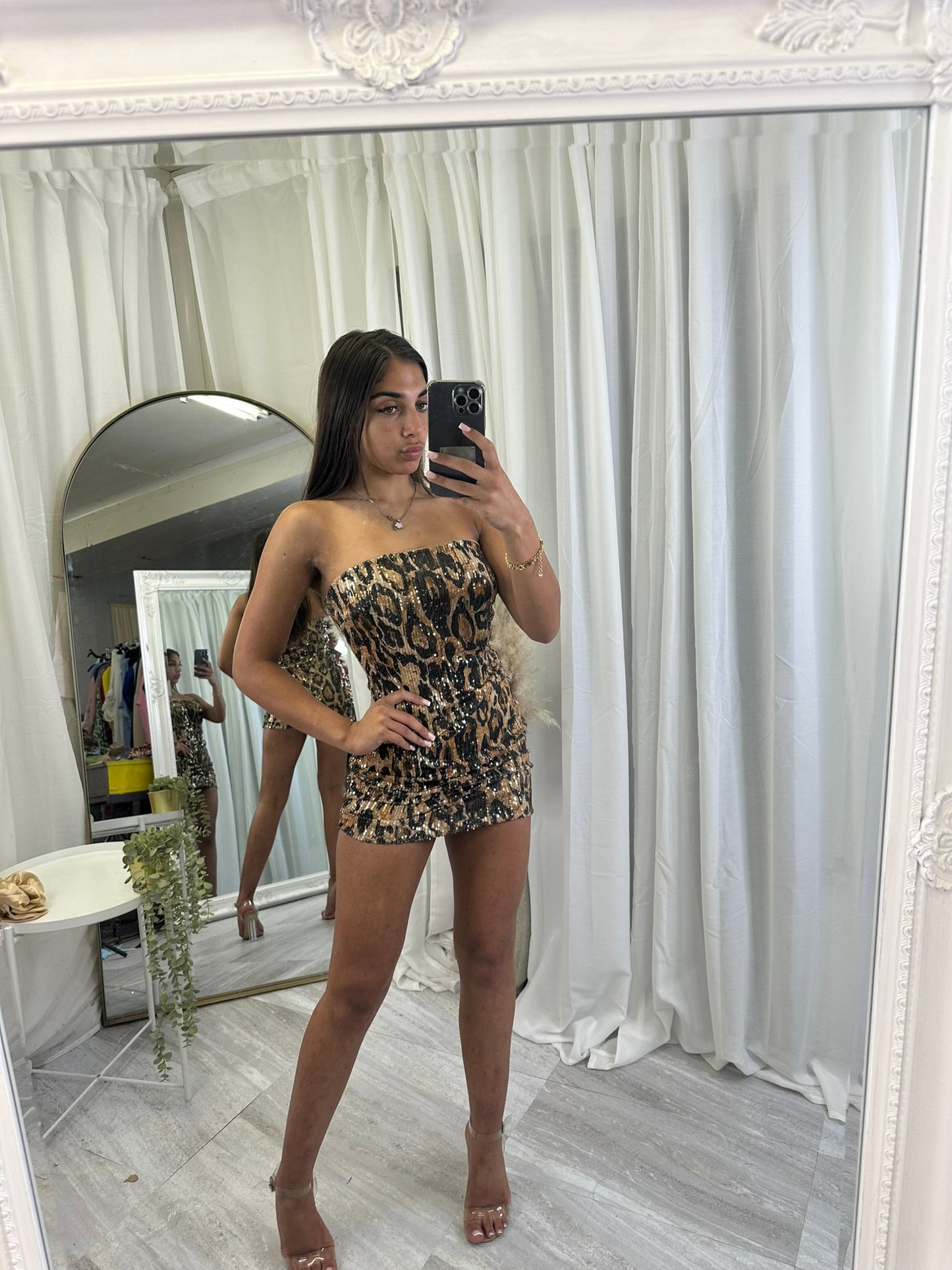 Sequined leopard print mini party dress