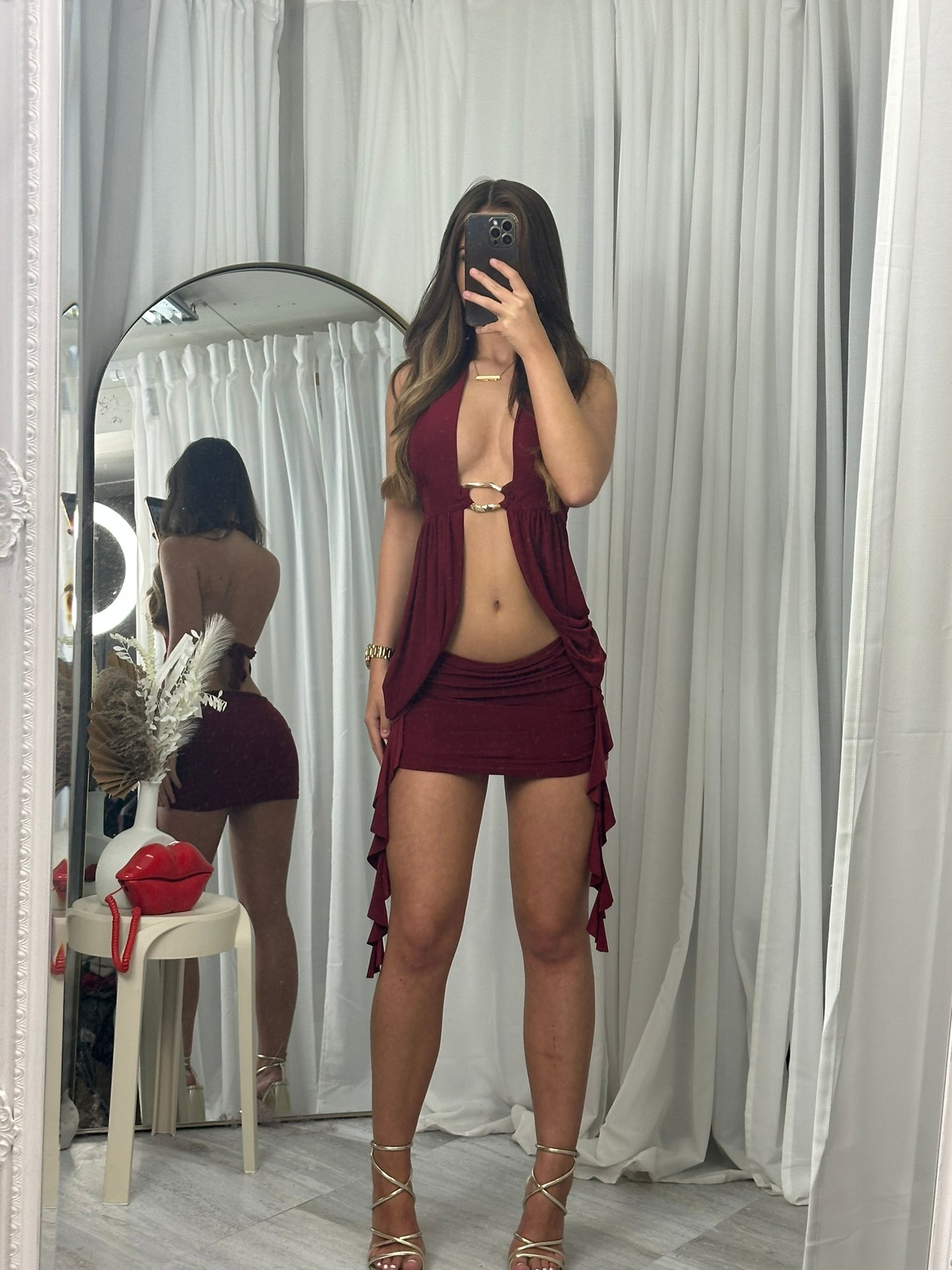 Cross over mini dress with side drape and buckle