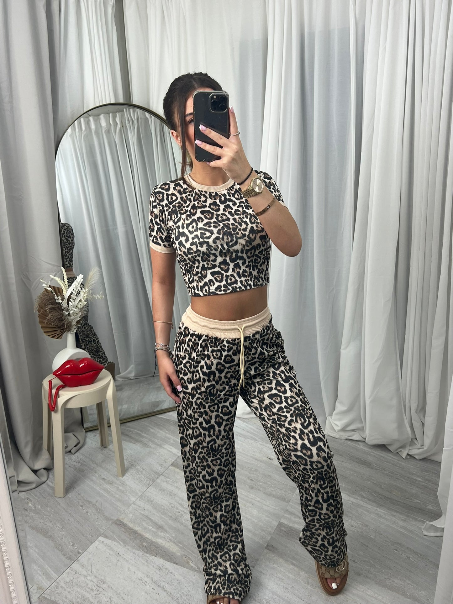 Leopard print short sleeved wide leg bottoms contrast lounge wear set