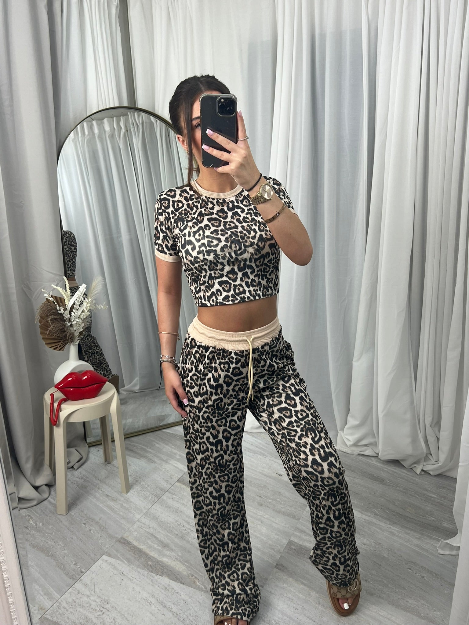 Leopard print short sleeved wide leg bottoms contrast lounge wear set