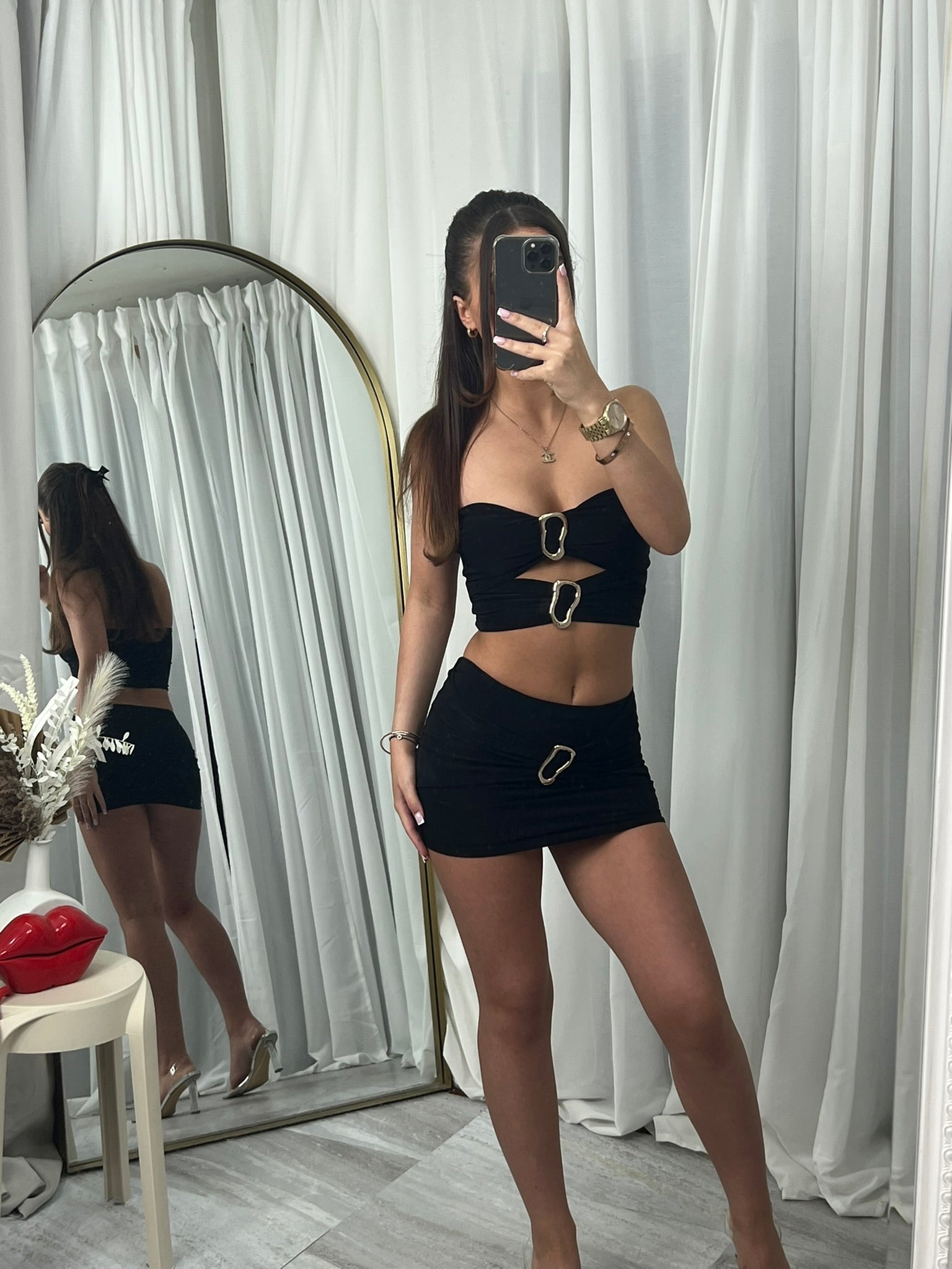 Crop top and mini skirt with clip detail
