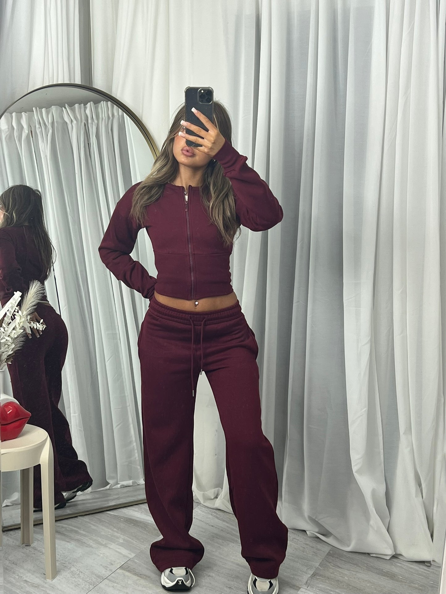 Wide leg zipped tracksuit burgundy