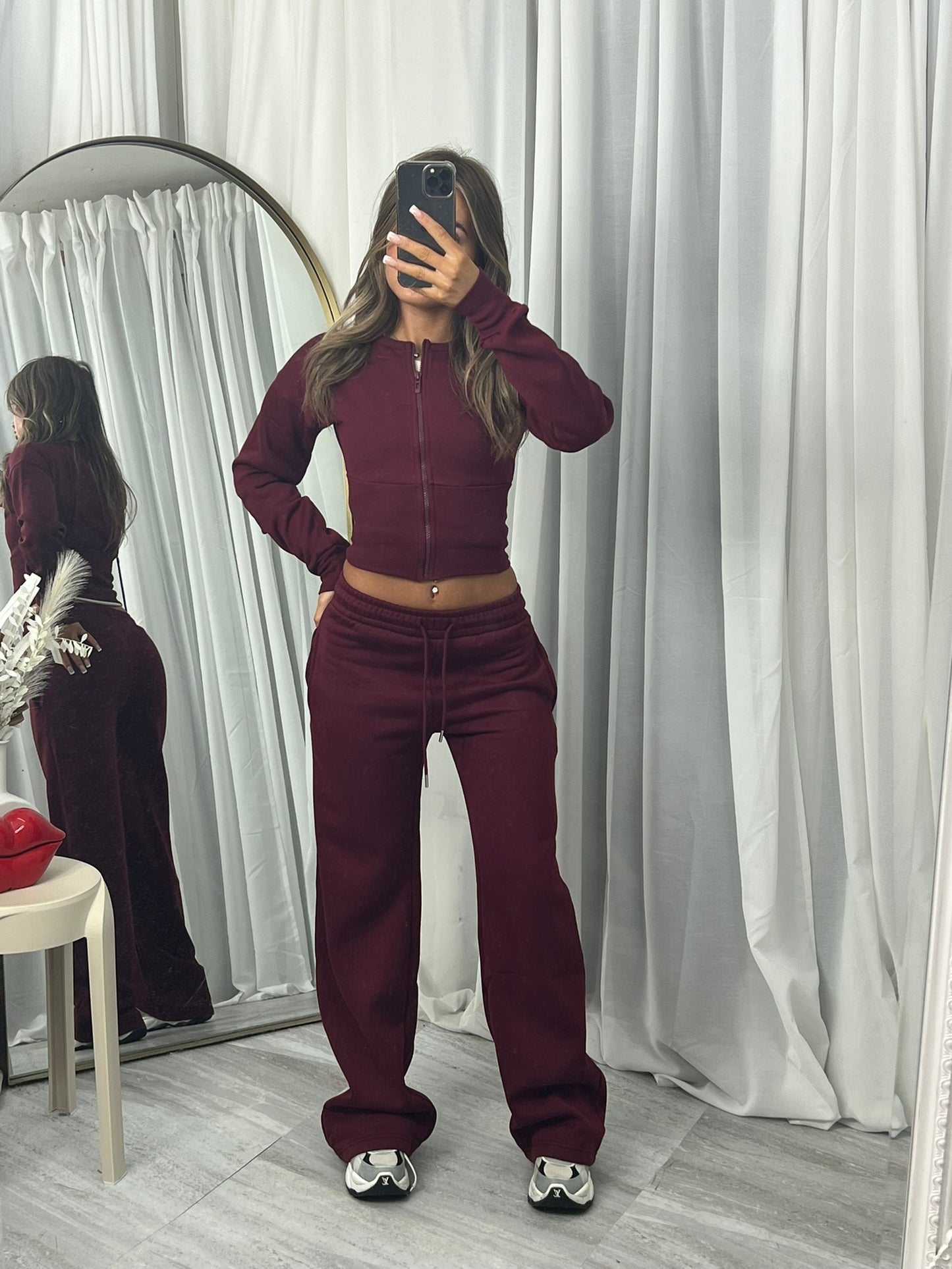 Wide leg zipped tracksuit burgundy