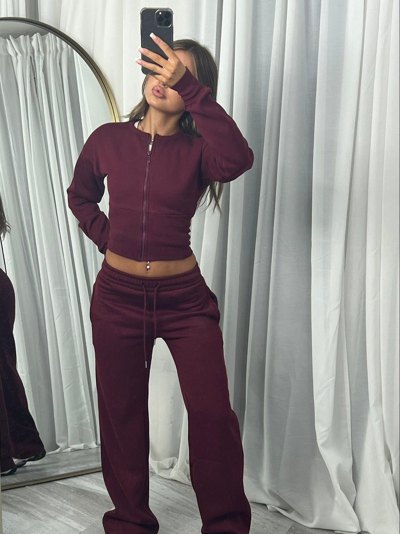 Wide leg zipped tracksuit burgundy